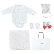 BABY&I 愛心網眼新生兒連身衣 + 包巾 + 帽子 + 手套 + 玩偶襪子禮盒組 + 提袋