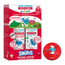 Puressentiel 璞萃 全效防蚊禮盒 The Smurfs 藍色小精靈聯名款 E5 全效防護防蚊精油噴霧 75ml + E11 蚊蟲舒清精油滾珠瓶 5ml 附飛盤, 1套, 80ml