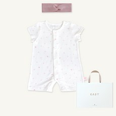 베이비앤아이 신생아용 하트 메쉬 반팔 슈트 + 골지 꼬임 헤어밴드 세트