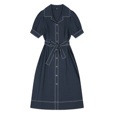 SI FASHION 附腰帶公主線泡泡袖短袖連身裙 SMOAE2519