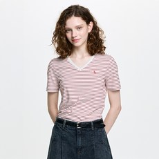 헤지스 여성용 아이코닉 브이넥 코튼모달 스트라이프 반팔 티셔츠