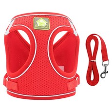 요런개 반려동물 반사 조끼형 하네스 + 리드줄 세트, 04 레드, 1세트