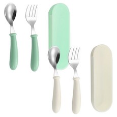 레벨굿즈 304 스텐 스푼 + 포크 2종 세트, 그린, 크림, 1세트, 6종
