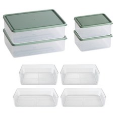 BETREE 可柔軟彎曲的冷凍庫冰箱收納容器 2種 x 2p + 瀝水籃 2種 x 2p 套組 綠色