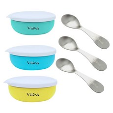 VIIDA 探險家專屬繽紛兒童餐具組, 黃色 + 綠色 + 藍色, 1套, 餐碗 3個 + 湯匙 3個 + 蓋子 3個