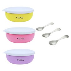 VIIDA 馬卡龍午茶時光 兒童繽紛餐碗湯匙組, 粉色 + 黃色 + 紫色, 1套, 餐碗 3個 + 湯匙3 個