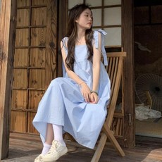 PEONIST 初戀長版蝴蝶結綁帶粉彩背心連身裙