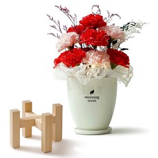 morningscent 조화 고급 생일 기념일 선물 비누꽃 카네이션 무드등 세라믹화분, 레드, 1개