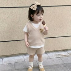 베베니즈 유아용 와플 레이어드 곰패치 반팔 상하의 세트