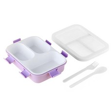 Couselect 6扣便當盒/可微波加熱上班學生PP餐盒 3格款, 紫色, 1套, 便當盒 850ml + 叉子 + 湯匙