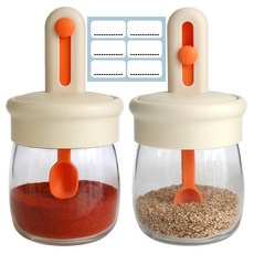 홈메이드 스푼일체형 유리 양념통 오렌지 2p + 방수 투명 스티커 6P 세트, 1세트, 300ml(2p)