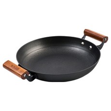 베카 인덕션 시즈닝 무쇠 양수 그리들팬, 1개, 블랙 + 원목, 28cm