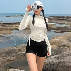 스마일깨비 여성용 단정한 슬리밍 수영 온천 해변 래쉬가드 2종 세트