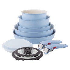 Tefal 特福 巧變精靈系列 鍋具11件組 L827SB04, 天空藍, 1套, 平底鍋 22cm + 平底鍋 28cm + 炒鍋 26cm + 湯鍋 16cm + 湯鍋 20cm + 蝴蝶玻璃蓋 2個 + 塑膠保鮮蓋 2個 + 可拆式把手 2個