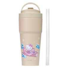 WOKY 沃廚 三麗鷗聯名款 雙層陶瓷渾圓杯 附矽膠粗吸管, 奶茶色 冬季Kitty, 1個, 750ml