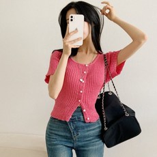 Dear J 女款圓領珍珠鈕扣亮點日常短版兩穿短袖針織開襟衫