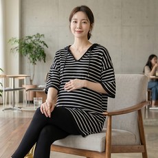 인피어스 스트라이프 브이넥 빅사이즈 임산부 후드 반팔 티셔츠 I263-0365