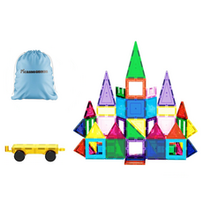 PicassoTILES 畢卡索 磁性瓷磚積木 61件 附車底座 + 抽繩攜帶袋, 彩色, 1個