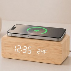 지니큐 스마트 무선충전 LED 온도 알람 기능 디지털시계 ZQ-CW700, 오크우드