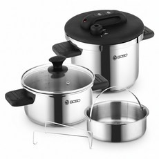 BOSO 百鯨 壓力快鍋6件組, 銀色, 1套, 快鍋 4L + 快鍋 6L + 快鍋蓋 + 玻璃蓋 + 蒸籠 + 蒸架