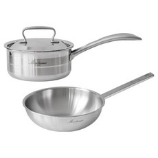 Montreux 電磁爐用全五層316單柄鍋 16cm + 不鏽鋼中式炒鍋 24cm 套組, 銀色, 1套, 單柄鍋 + 中式炒鍋