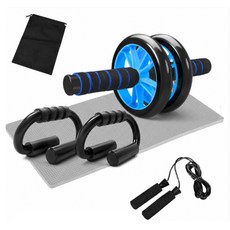 소윤랩 복근운동 롤러 + 무릎 보호대 S자 푸쉬업 핸들 2p 줄넘기 파우치 AB-ROLLER-SET-001, 블루(롤러), 그레이(무릎 보호대)