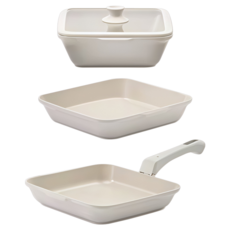 KOREA KING Monacook卡卡方鍋 26cm三鍋組, 燕麥灰, 1套, 26cm湯鍋 + 26cm平底鍋 + 26cm橫紋煎鍋