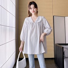 MarketA 女款孕婦裝夏季條紋七分袖圓領襯衫 M263-0791W