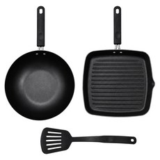 MEYER 美亞 萬用不沾鍋3件組 電磁爐適用, 黑色, 1套, 小炒鍋 22cm + 方形烤盤 24cm + 瀝油鍋鏟 30cm