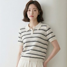 凡妮莎賓 女款涼感材質牛奶絲條紋短袖翻領針織衫 v01572ss
