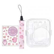 HYAN 海恩 副廠相片袋透明水晶殼 + 背帶 + 貼紙 拍立得mini13適用 粉色, 1套, CAI011