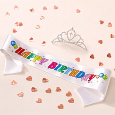 PARTYSHOW 生日肩帶 + 皇冠 + 五彩紙屑套組 FREE, 混合色, 1套