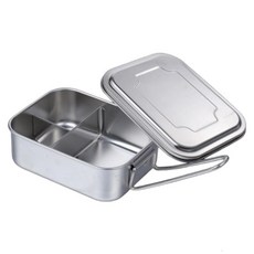 Couselect 食品級不銹鋼帶蓋飯盒/長方形便當盒/上班族學生蒸飯餐盒 小號 三格, 銀色, 1個