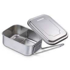 Couselect 食品級不銹鋼帶蓋飯盒/長方形便當盒/上班族學生蒸飯餐盒 中號 兩格, 銀色, 1個