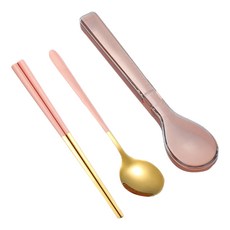 JOW BUY 蕉蕉購物 韓式創意304不鏽鋼餐具組, 粉色 + 金色, 1套, 湯匙 + 筷子 + 餐具盒