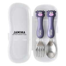 JOW BUY 蕉蕉購物 動物兒童餐具組, 紫色牛牛, 1套, 湯匙 + 叉子 + 收納盒