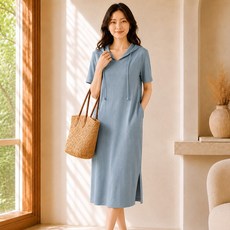 I Can Simple 自然褶皺連帽長版孕婦洋裝