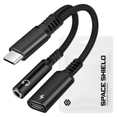 SPACE SHIELD Twin Link 60W USB-C 音訊 PD 充電分配 Y型 AUX 音源線, 黑色, 1個, 3.5mm AUX + PD