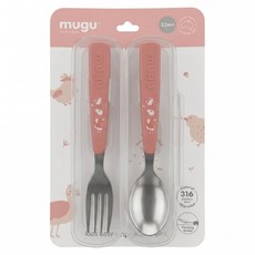 mugu 沐咕寶貝 童立架式316不鏽鋼湯叉組, 嫣粉奇異鳥, 1個, 叉子 + 湯匙 + 收納盒