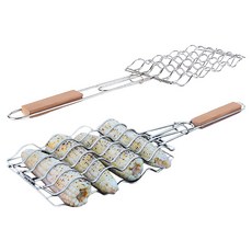 BUCK703 露營烤玉米折疊式烤網 木質手柄 BBQ烤網 銀色, 2個