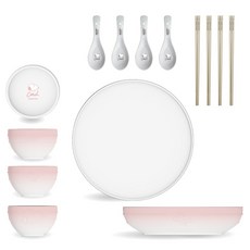 COTD 陶瓷餐具14件組 SNOOPY聯名款, 粉色, 1套, 陶瓷碗 4個 + 陶瓷盤 2個 + 筷子 4雙 + 陶瓷湯匙 4支