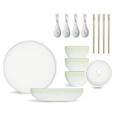COTD 陶瓷餐具14件組 SNOOPY聯名, 綠色, 1套, 陶瓷碗 4個 + 陶瓷盤 2個 + 筷子 4雙 + 陶瓷湯匙 4支