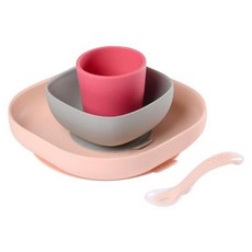 BEABA 矽膠學習餐具4件組, 粉紅色, 1套, 矽膠餐盤 1個 + 矽膠餐碗 1個 + 矽膠開口杯 1個 + 矽膠湯匙 1個