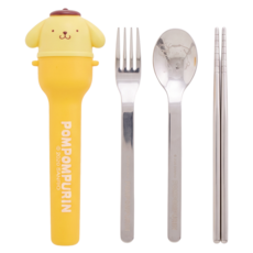Sanrio 三麗鷗 布丁狗造型隨行不鏽鋼餐具組 PN-FS06, 黃色, 1套, 湯匙 + 叉子 + 筷子 + 收納盒