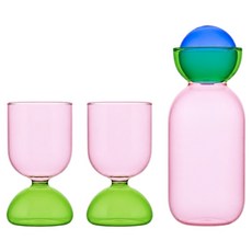 wvii 澄透原彩玻璃茶壺 660ml + 杯 260ml 2個, 粉撞綠, 1套, 1180ml