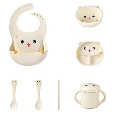 Mina 食用級矽膠兒童自主進食訓練餐具組, 白色, 1套, 圍兜 + 杯子 + 吸管 + 碗 + 分格餐盤 + 叉子 + 勺子