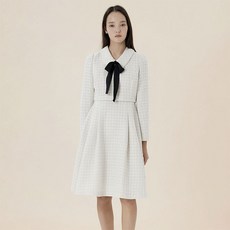 kenneth lady 女款蝴蝶結領粗花呢洋裝, 象牙白