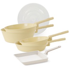 LENANSE 厄斯 IH 電磁爐平底鍋5件組, 平底鍋2種 + 中式炒鍋2種 + 寬型方鍋21cm + 矽膠多功能平底鍋蓋, 奶油色(平底鍋, 中式炒鍋) +象牙白(寬型方鍋)