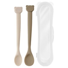 AttiRabbit 嬰兒用小熊矽膠曲線型副食品湯匙2入 + 收納盒組, 1套, 象牙白, 棕色