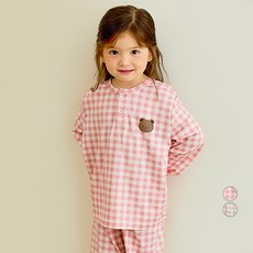 unifriend 兒童格紋小熊蜜桃保暖睡眠睡衣上下套裝